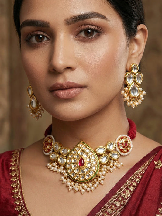 Aadita Gold Plated Kundan Paisley Motif Choker Necklace Set with Pearls