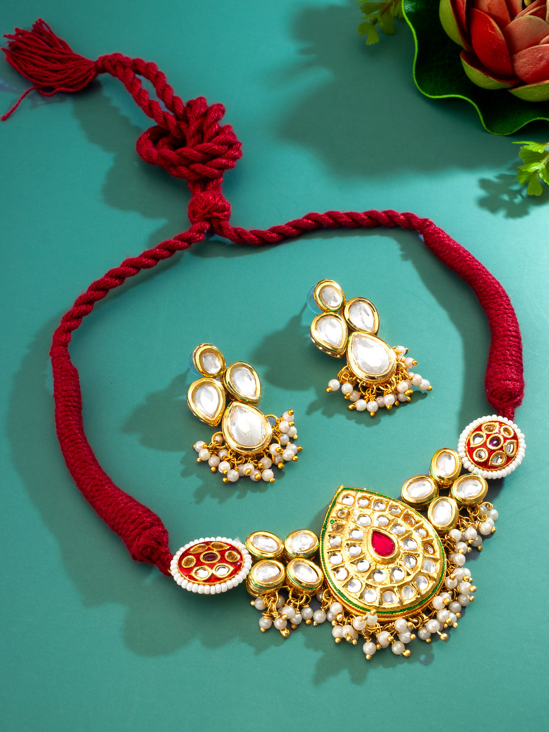Gold Plated Kundan Paisley Motif Choker Necklace Set with Pearls
