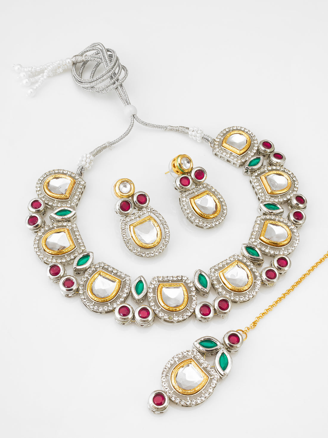 Kundan-Style Choker Necklace with Ruby, Emerald in Silver-Toned Finish