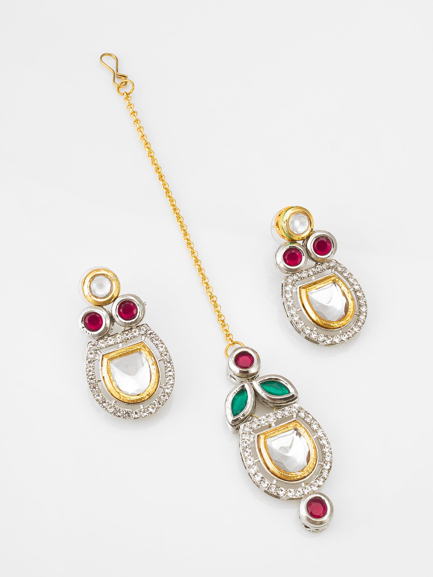 Elegant Kundan-Style Choker Necklace Set with Ruby and Emerald Accents in Silver-Toned Rhodium Finish