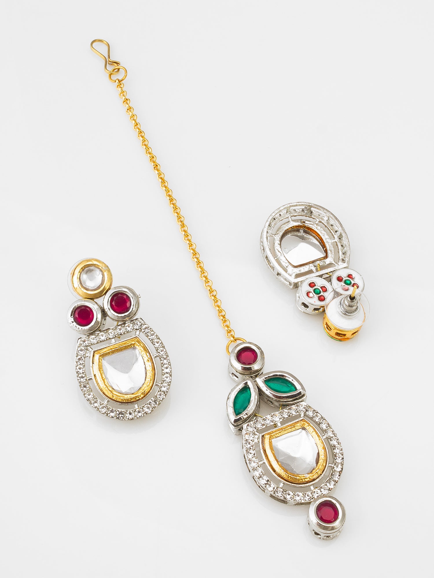 Elegant Kundan-Style Choker Necklace Set with Ruby and Emerald Accents in Silver-Toned Rhodium Finish