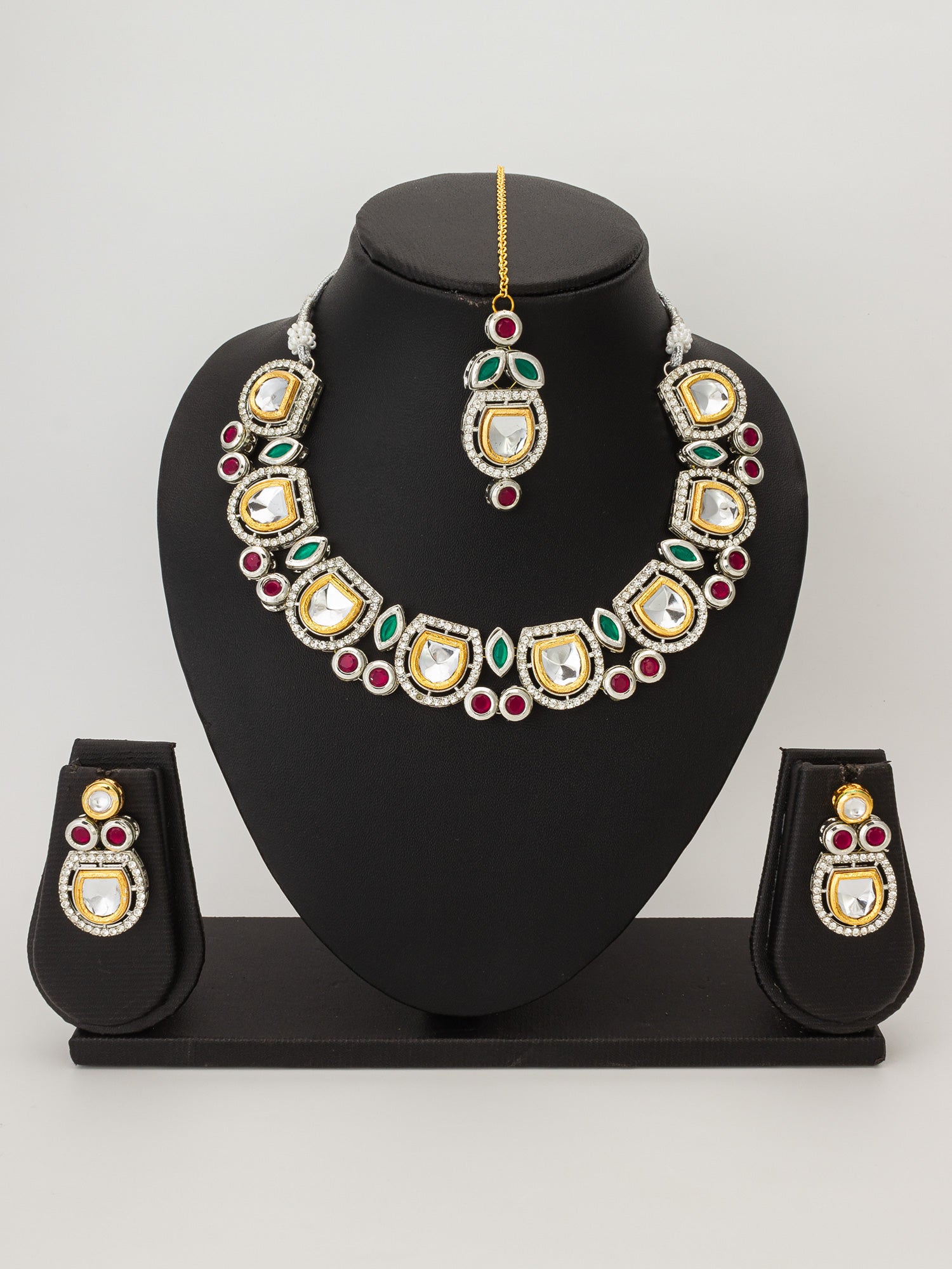 Elegant Kundan-Style Choker Necklace Set with Ruby and Emerald Accents in Silver-Toned Rhodium Finish