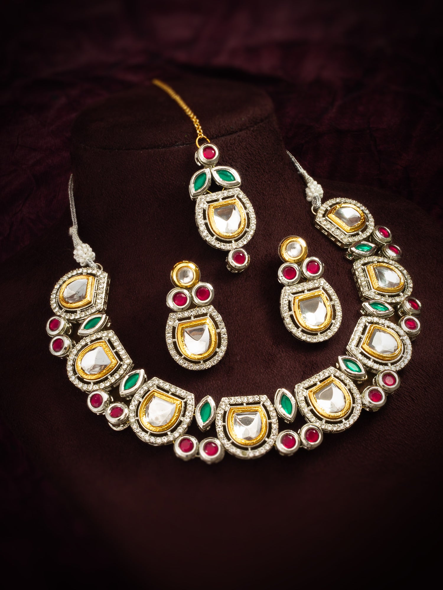 Elegant Kundan-Style Choker Necklace Set with Ruby and Emerald Accents in Silver-Toned Rhodium Finish