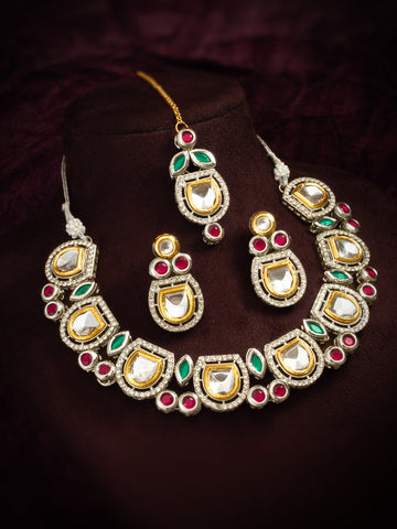 Elegant Kundan-Style Choker Necklace Set with Ruby and Emerald Accents in Silver-Toned Rhodium Finish
