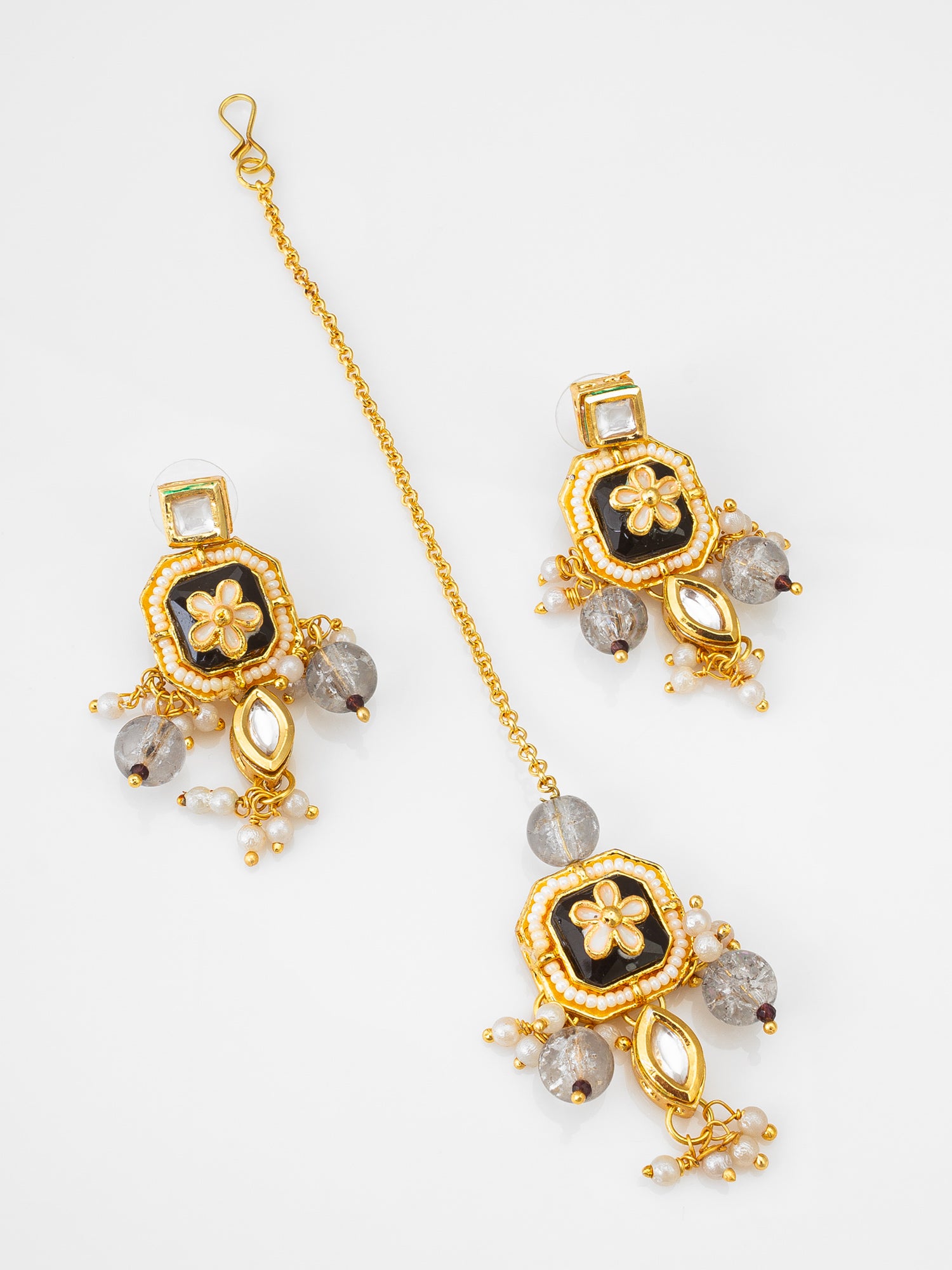 Exquisite Meenakari and Kundan Choker Necklace Set with Black Enamel and Grey Crystal Droplets