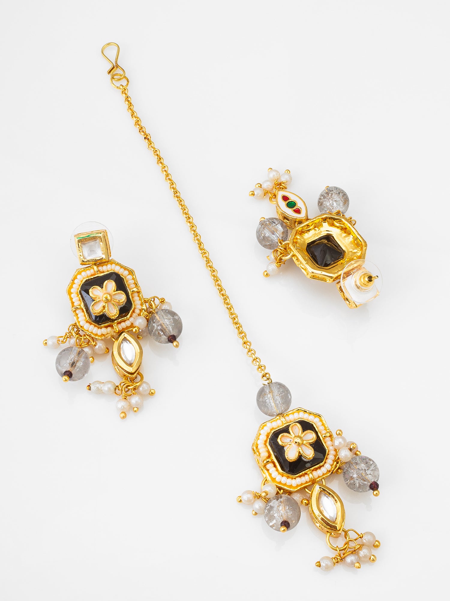 Exquisite Meenakari and Kundan Choker Necklace Set with Black Enamel and Grey Crystal Droplets