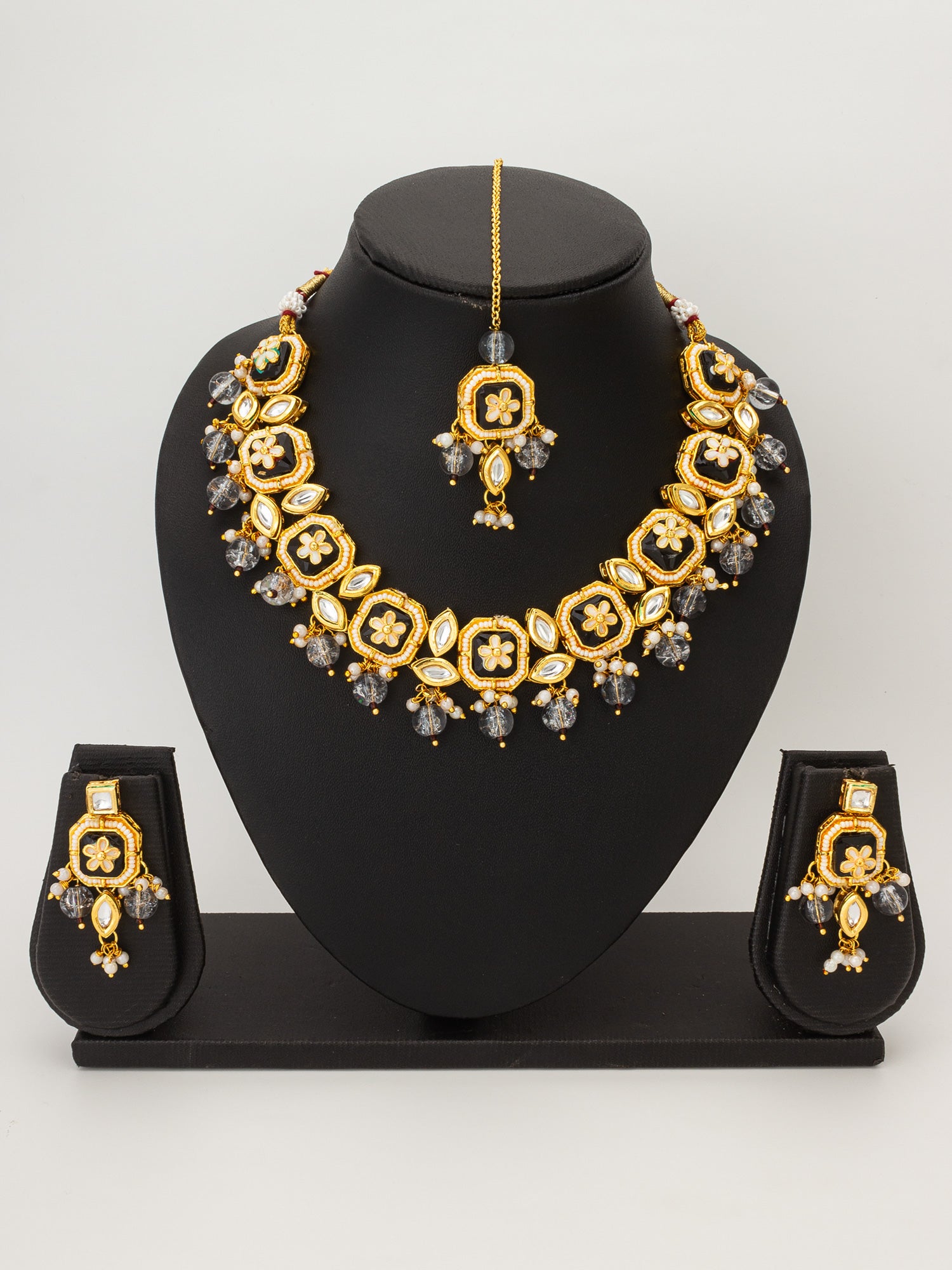 Exquisite Meenakari and Kundan Choker Necklace Set with Black Enamel and Grey Crystal Droplets