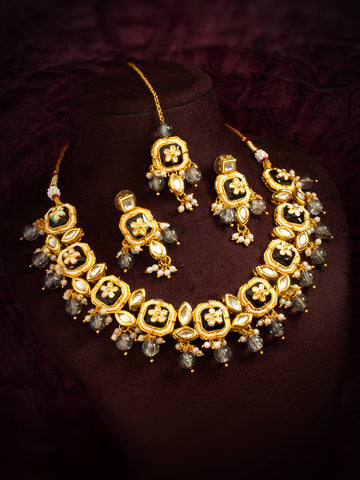 Exquisite Meenakari and Kundan Choker Necklace Set with Black Enamel and Grey Crystal Droplets