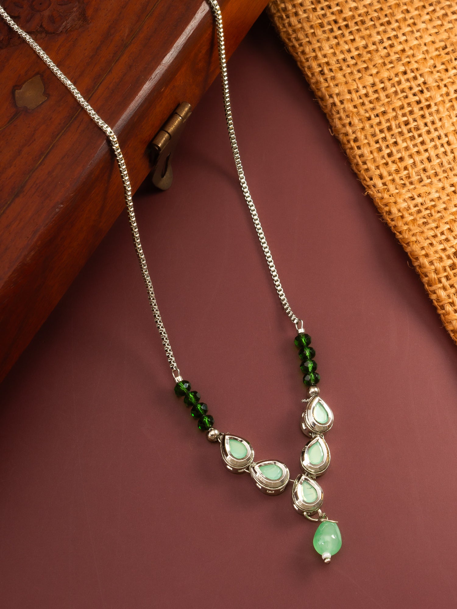 Aadita Silver Plated Contemporary Green Kundan Sleek Necklace