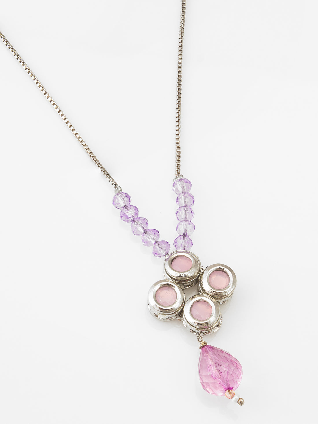 Silver-Tone Necklace with Pink Kundan and Crystal Beads