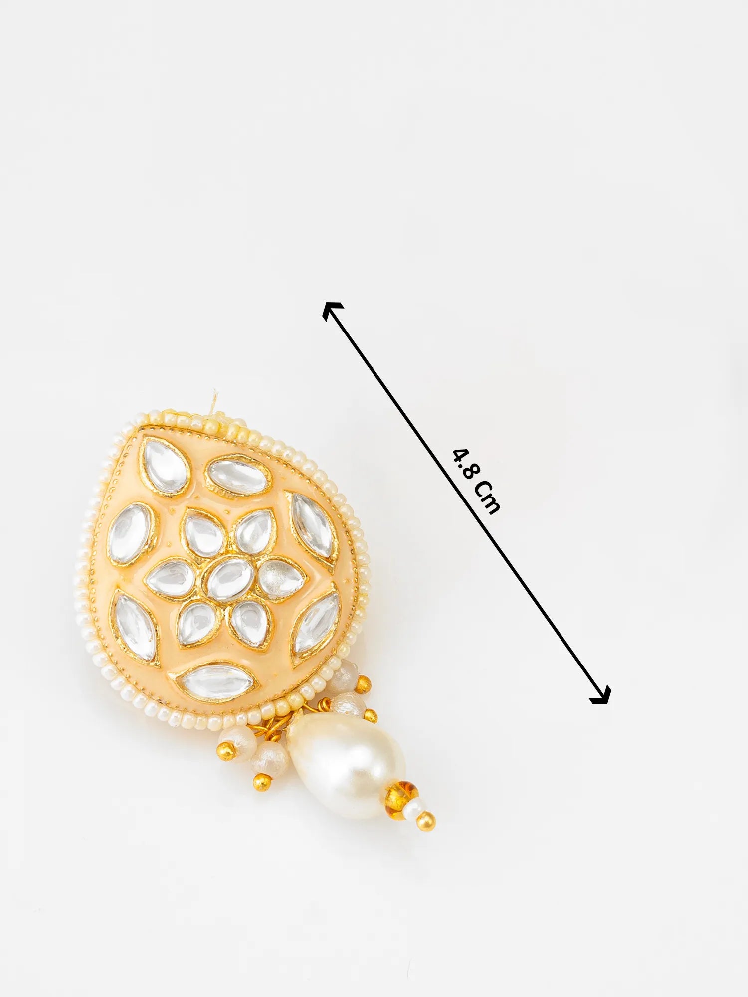 Gold-toned traditional Indian earring with white stones and a pearl drop, shown with a black dimension arrow indicating a height of 4.8 cm on a white background.