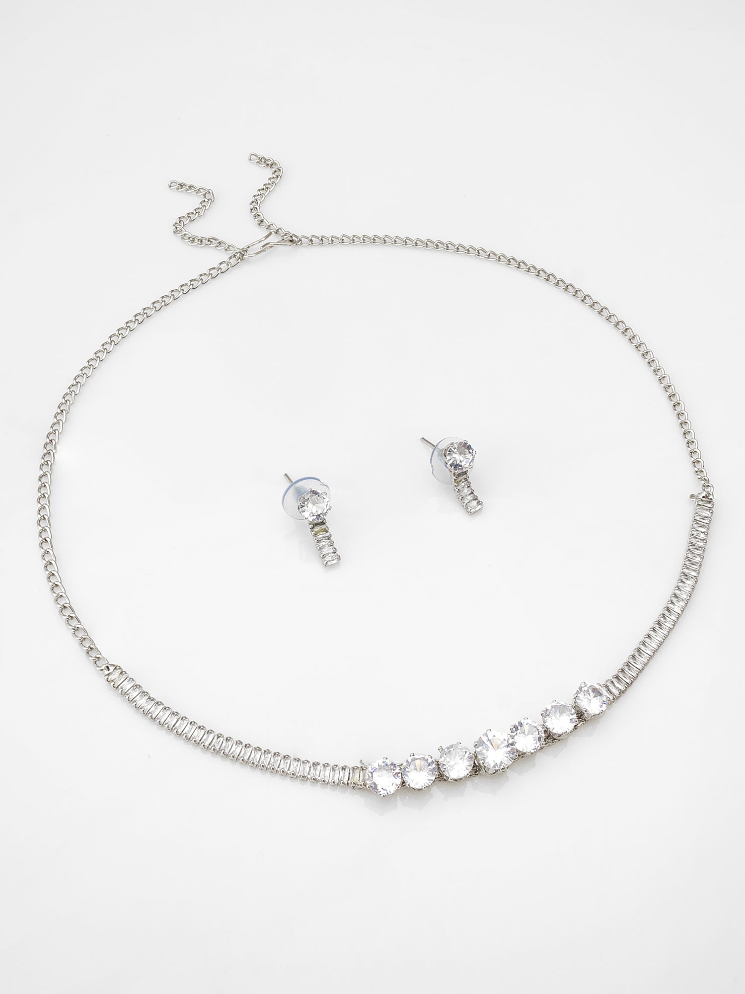 Aadita Silver Plated Round and Baguette AD Necklace Set