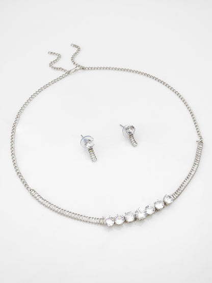 Aadita Silver Plated Round and Baguette AD Necklace Set