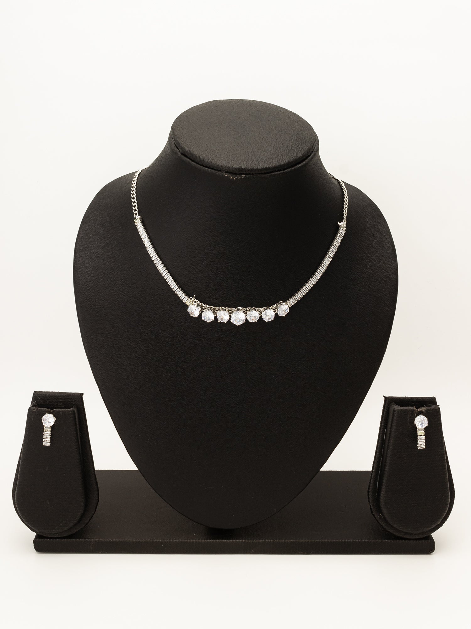Aadita Silver Plated Round and Baguette AD Necklace Set