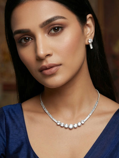 Aadita Silver Plated Round and Baguette AD Necklace Set