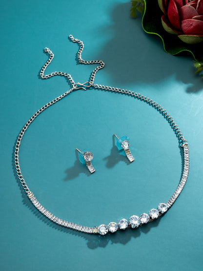 Aadita Silver Plated Round and Baguette AD Necklace Set