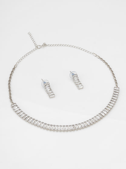Aadita Silver Plated Single Row Baguette AD Choker Set