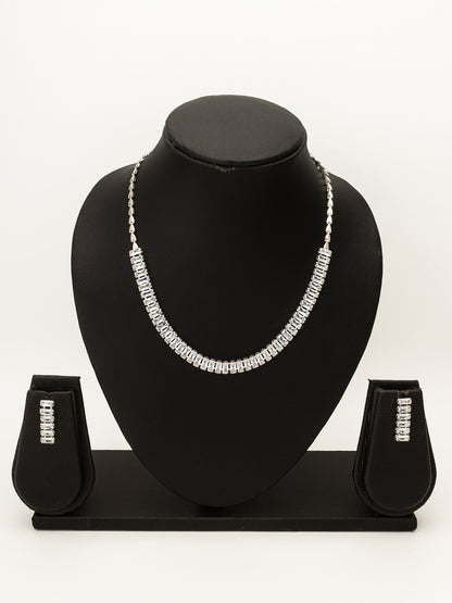 Aadita Silver Plated Single Row Baguette AD Choker Set