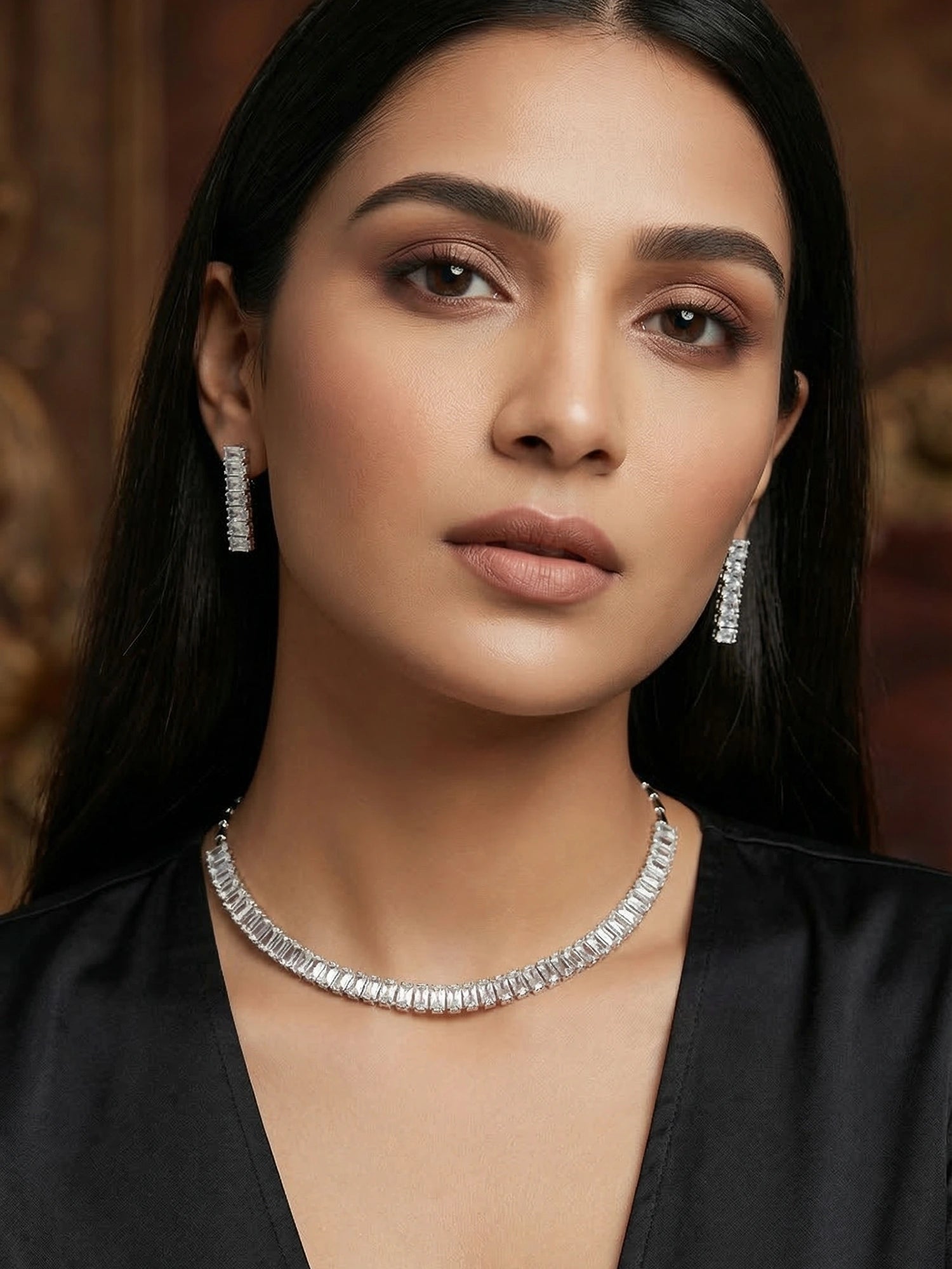 Aadita Silver Plated Single Row Baguette AD Choker Set