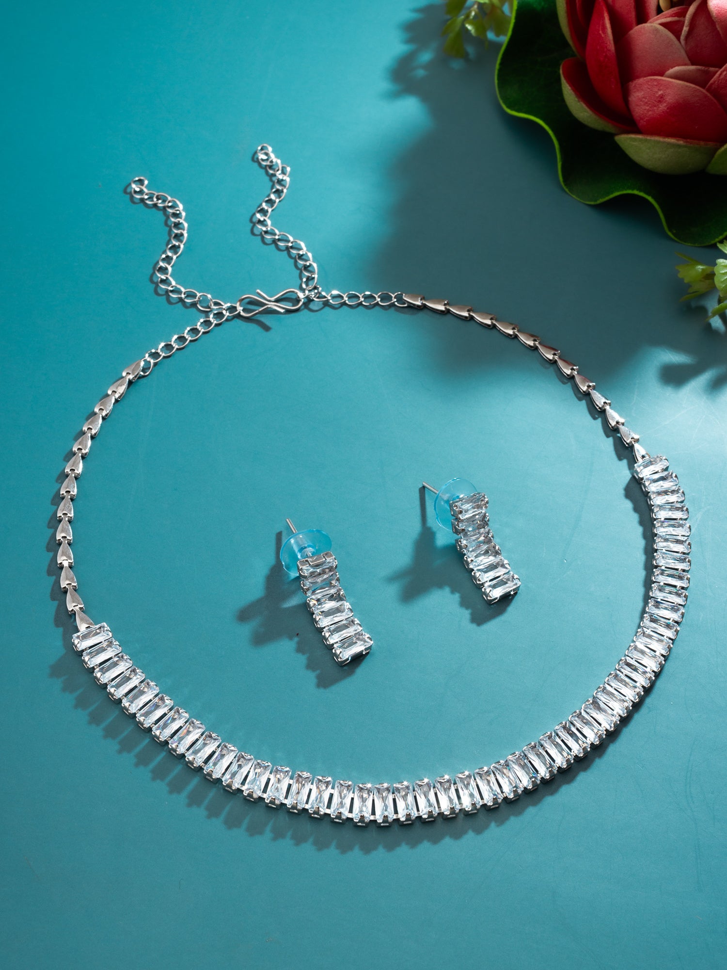 Aadita Silver Plated Single Row Baguette AD Choker Set