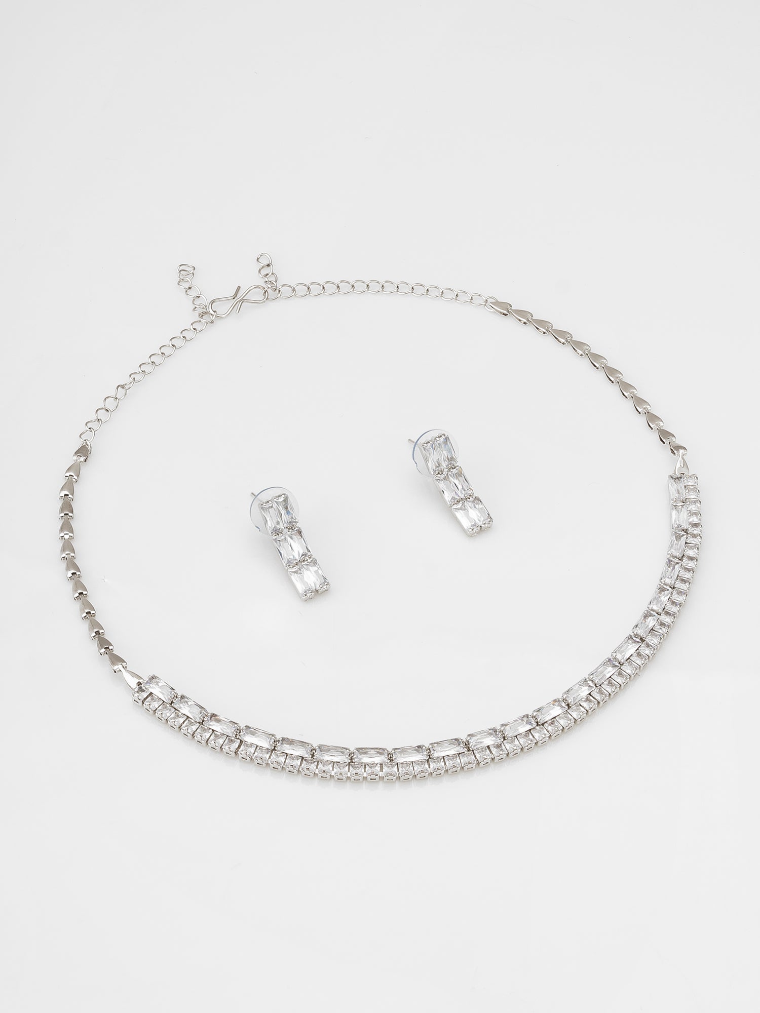 Aadita Silver Plated Double Row Baguette AD Necklace Set