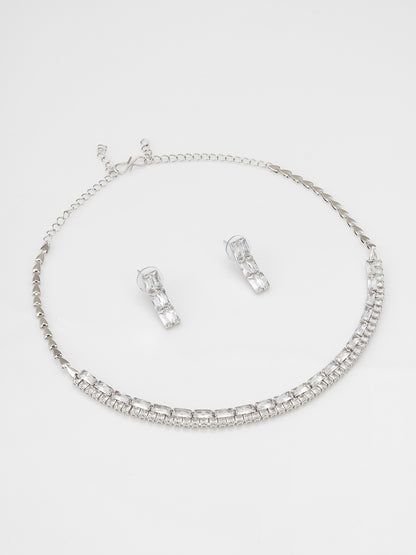 Aadita Silver Plated Double Row Baguette AD Necklace Set