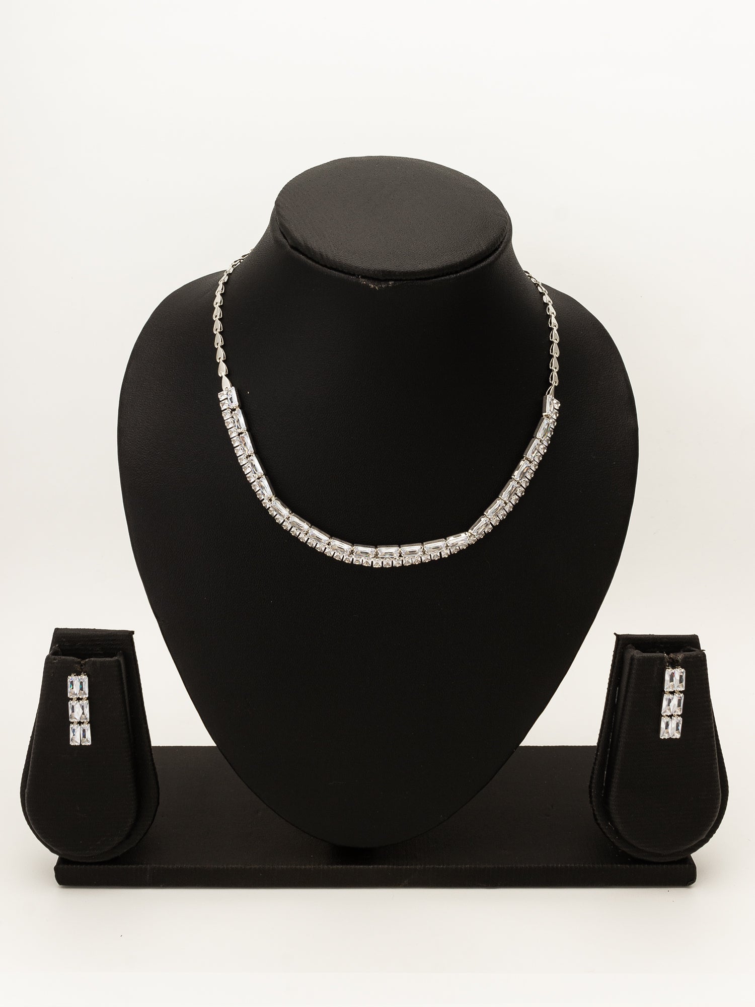 Aadita Silver Plated Double Row Baguette AD Necklace Set