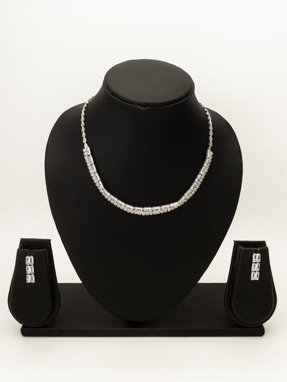 Aadita Silver Plated Double Row Baguette AD Necklace Set