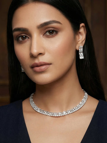 Aadita Silver Plated Double Row Baguette AD Necklace Set