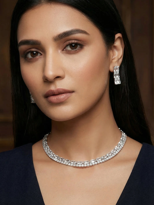 Aadita Silver Plated Double Row Baguette AD Necklace Set