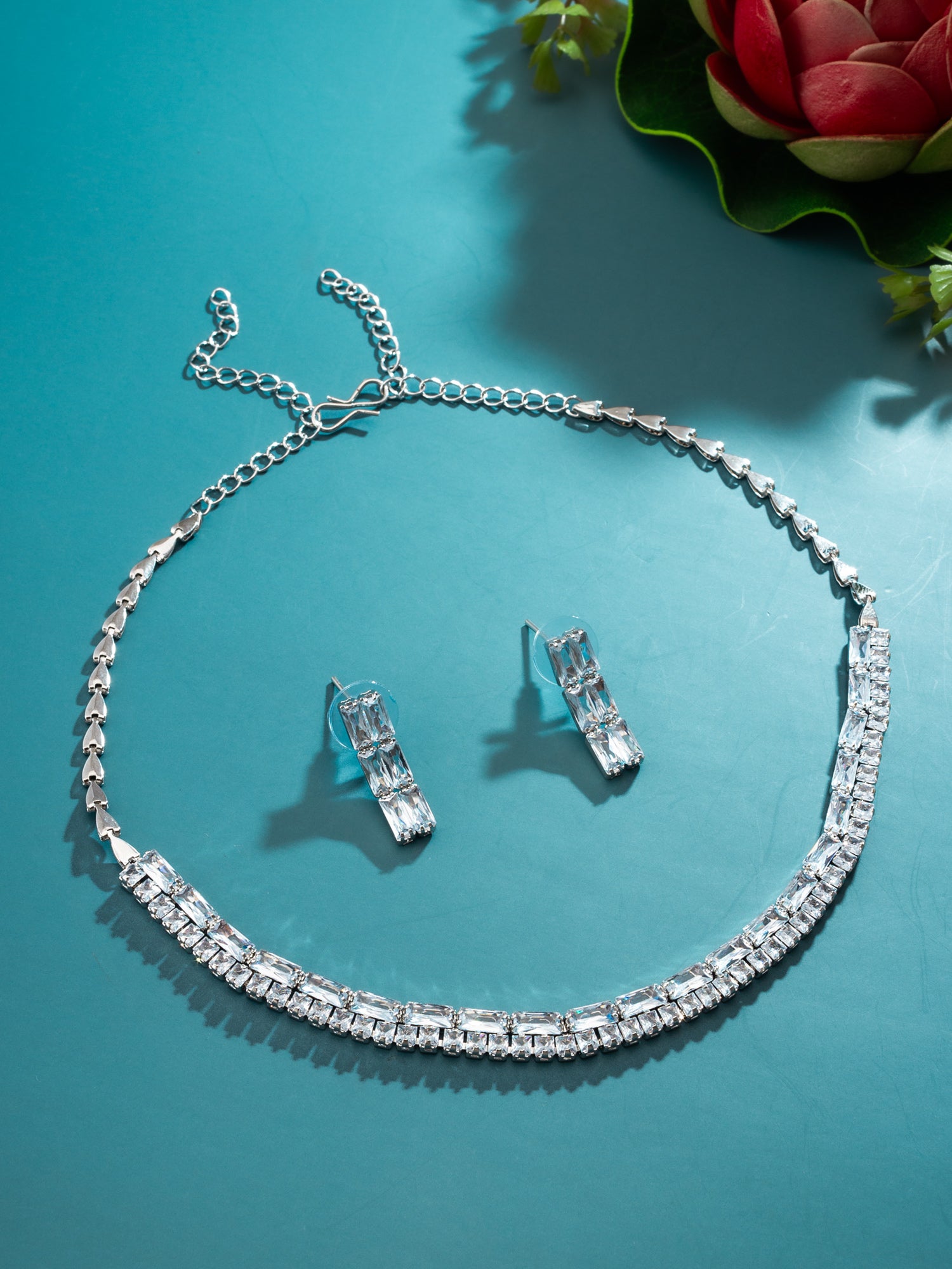 Aadita Silver Plated Double Row Baguette AD Necklace Set