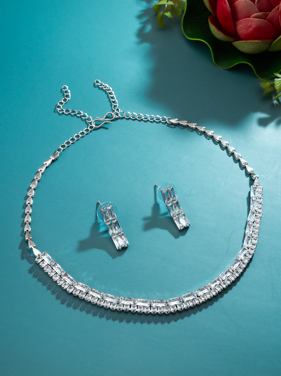 Aadita Silver Plated Double Row Baguette AD Necklace Set