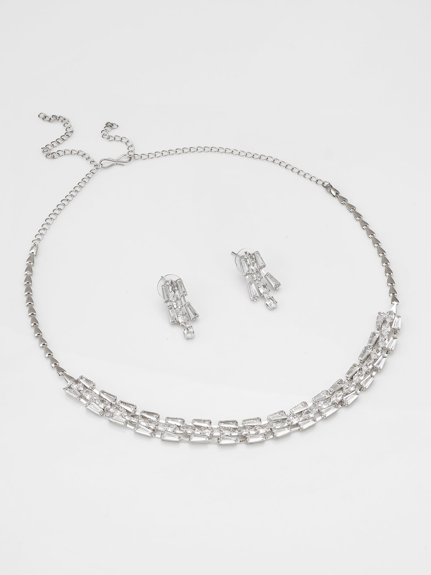 Aadita Silver Plated Multilayered Baguette Drop AD Necklace Set