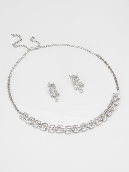Aadita Silver Plated Multilayered Baguette Drop AD Necklace Set
