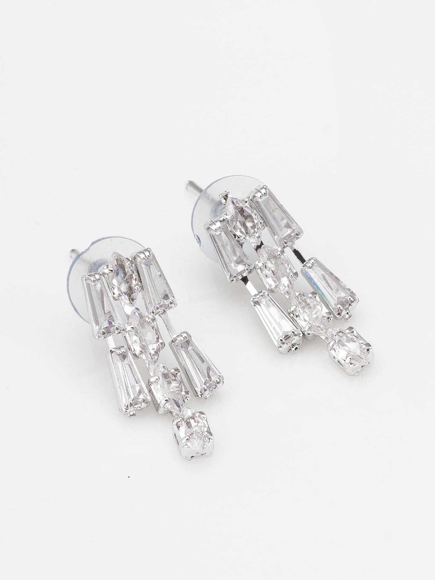 Aadita Silver Plated Multilayered Baguette Drop AD Necklace Set