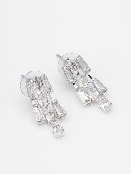 Aadita Silver Plated Multilayered Baguette Drop AD Necklace Set