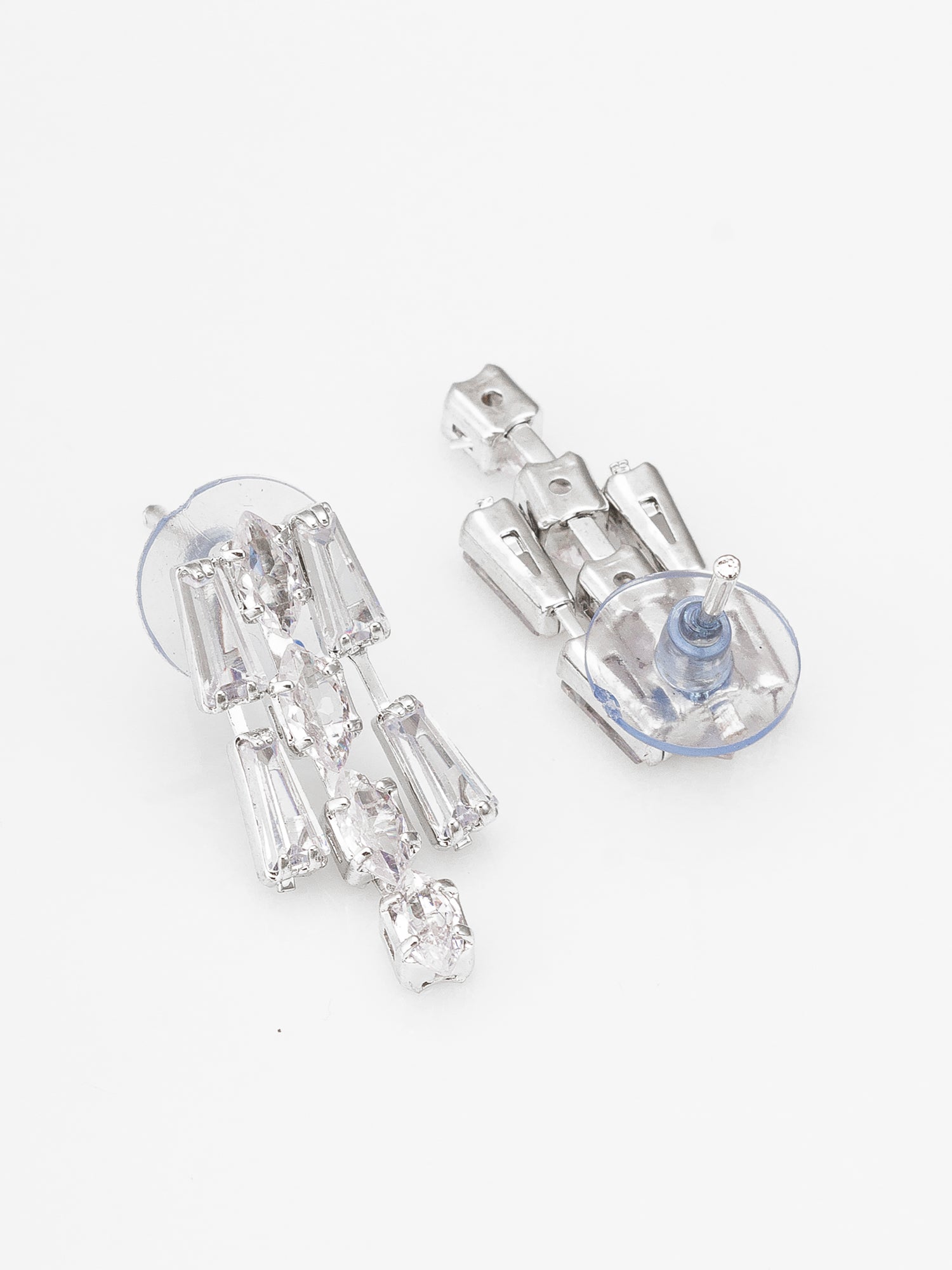 Aadita Silver Plated Multilayered Baguette Drop AD Necklace Set