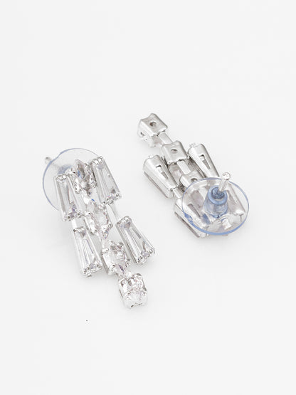Aadita Silver Plated Multilayered Baguette Drop AD Necklace Set