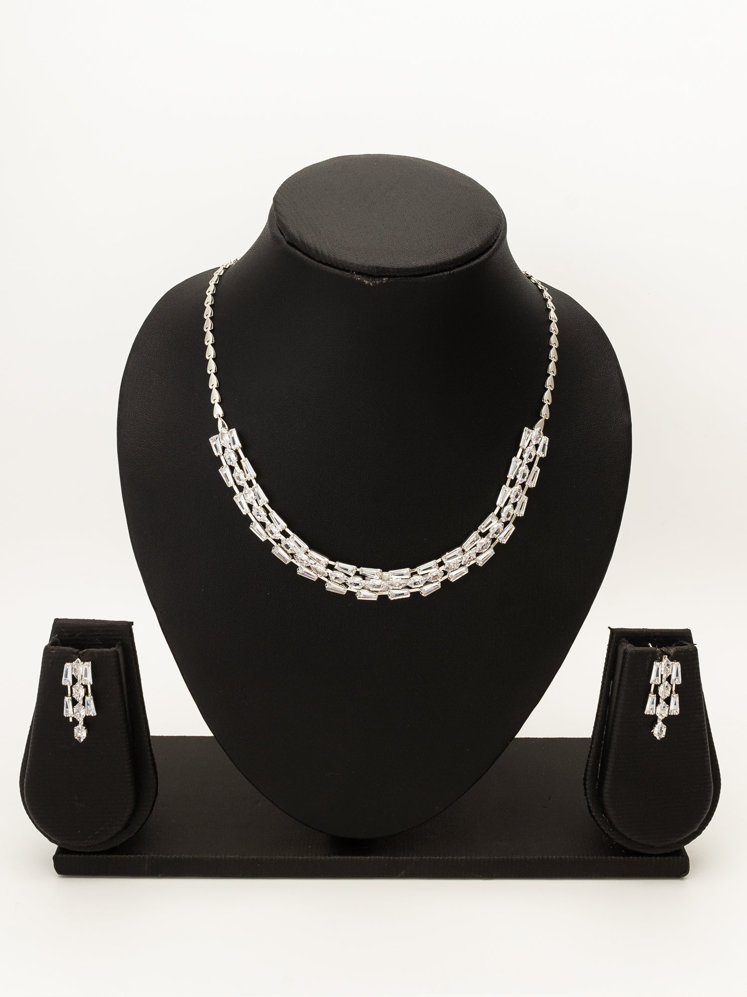 Aadita Silver Plated Multilayered Baguette Drop AD Necklace Set