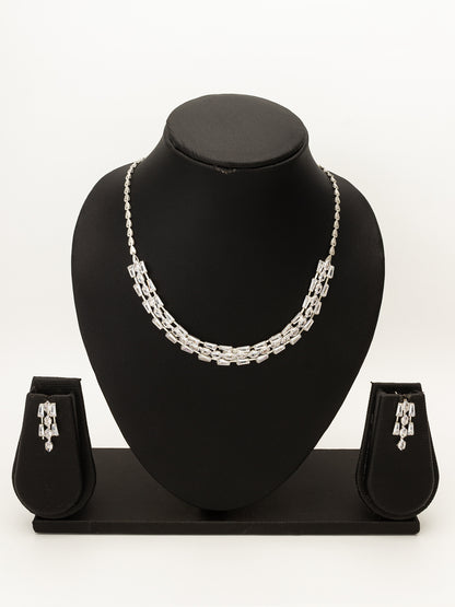 Aadita Silver Plated Multilayered Baguette Drop AD Necklace Set