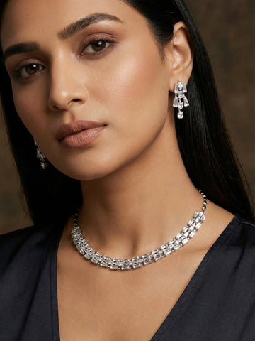 Aadita Silver Plated Multilayered Baguette Drop AD Necklace Set