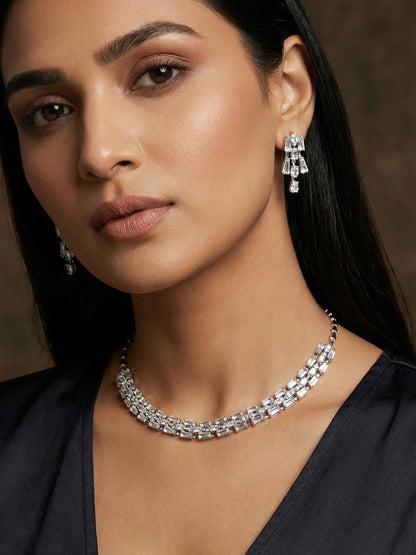 Aadita Silver Plated Multilayered Baguette Drop AD Necklace Set