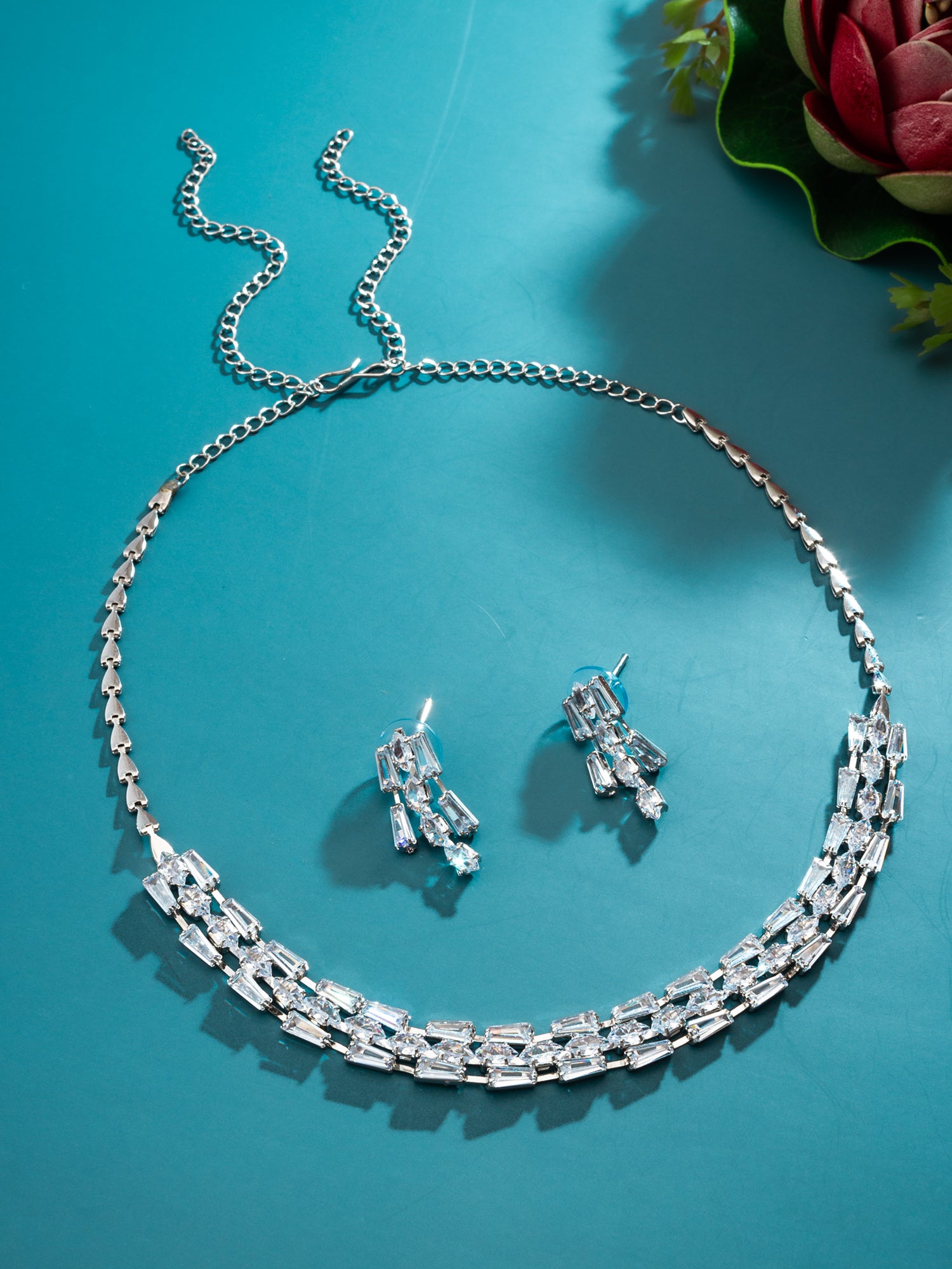 Aadita Silver Plated Multilayered Baguette Drop AD Necklace Set