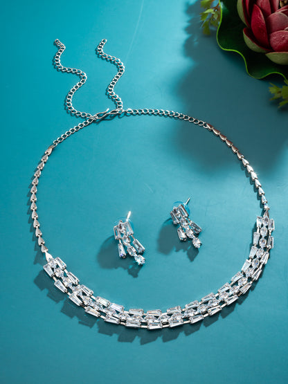 Aadita Silver Plated Multilayered Baguette Drop AD Necklace Set