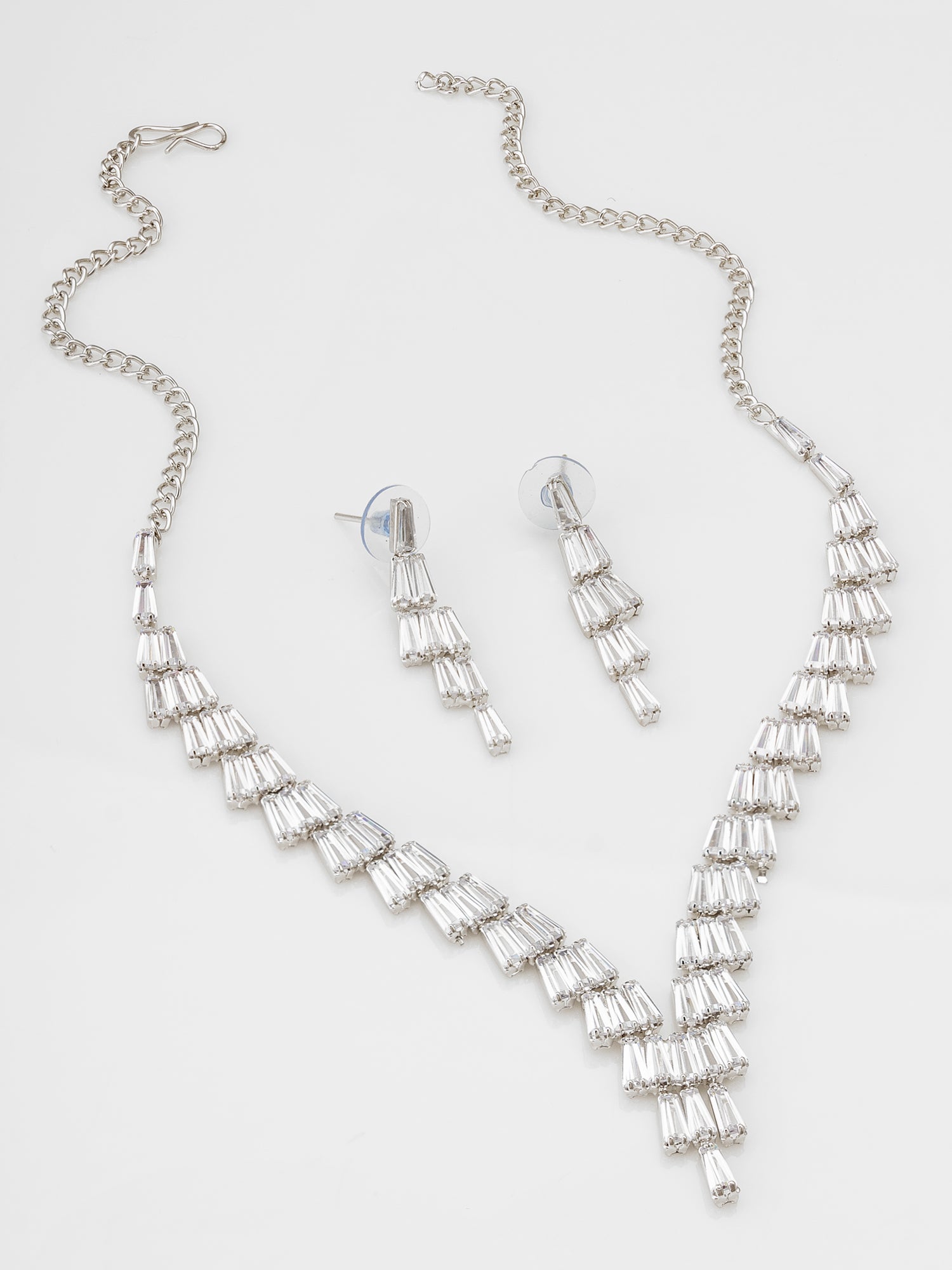 Aadita Silver Plated V-Shape Baguette Fringe AD Necklace Set