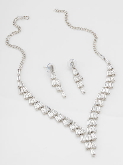 Aadita Silver Plated V-Shape Baguette Fringe AD Necklace Set