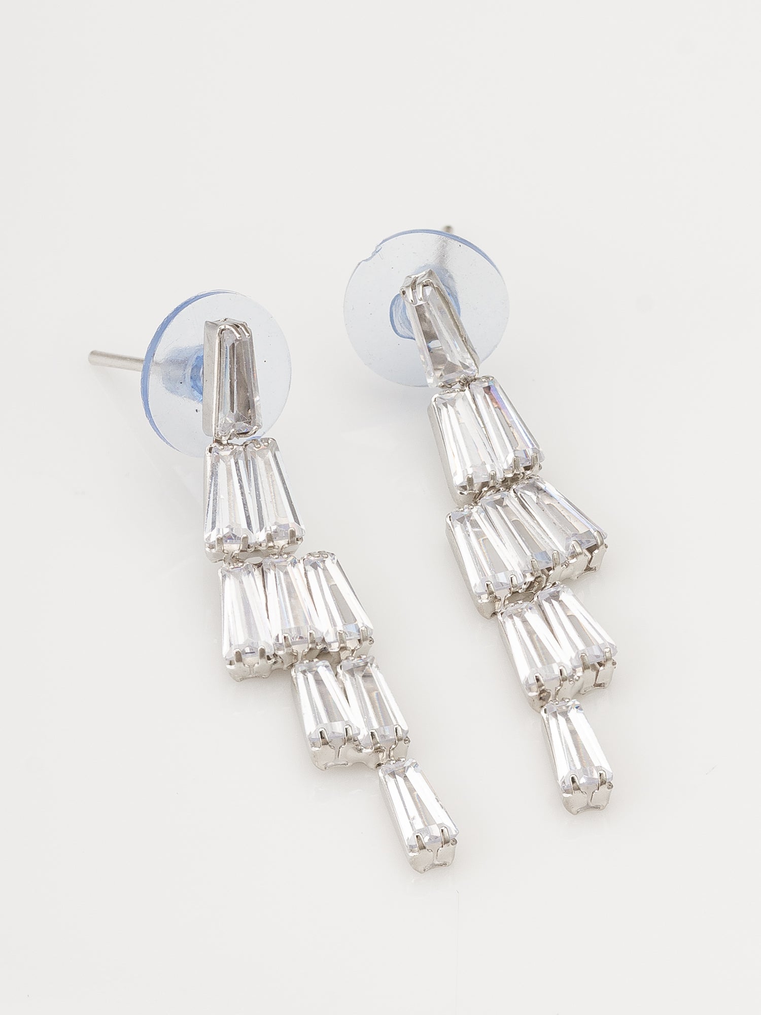 Aadita Silver Plated V-Shape Baguette Fringe AD Necklace Set