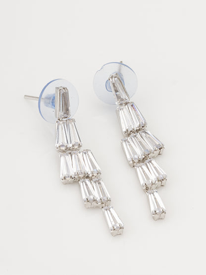 Aadita Silver Plated V-Shape Baguette Fringe AD Necklace Set