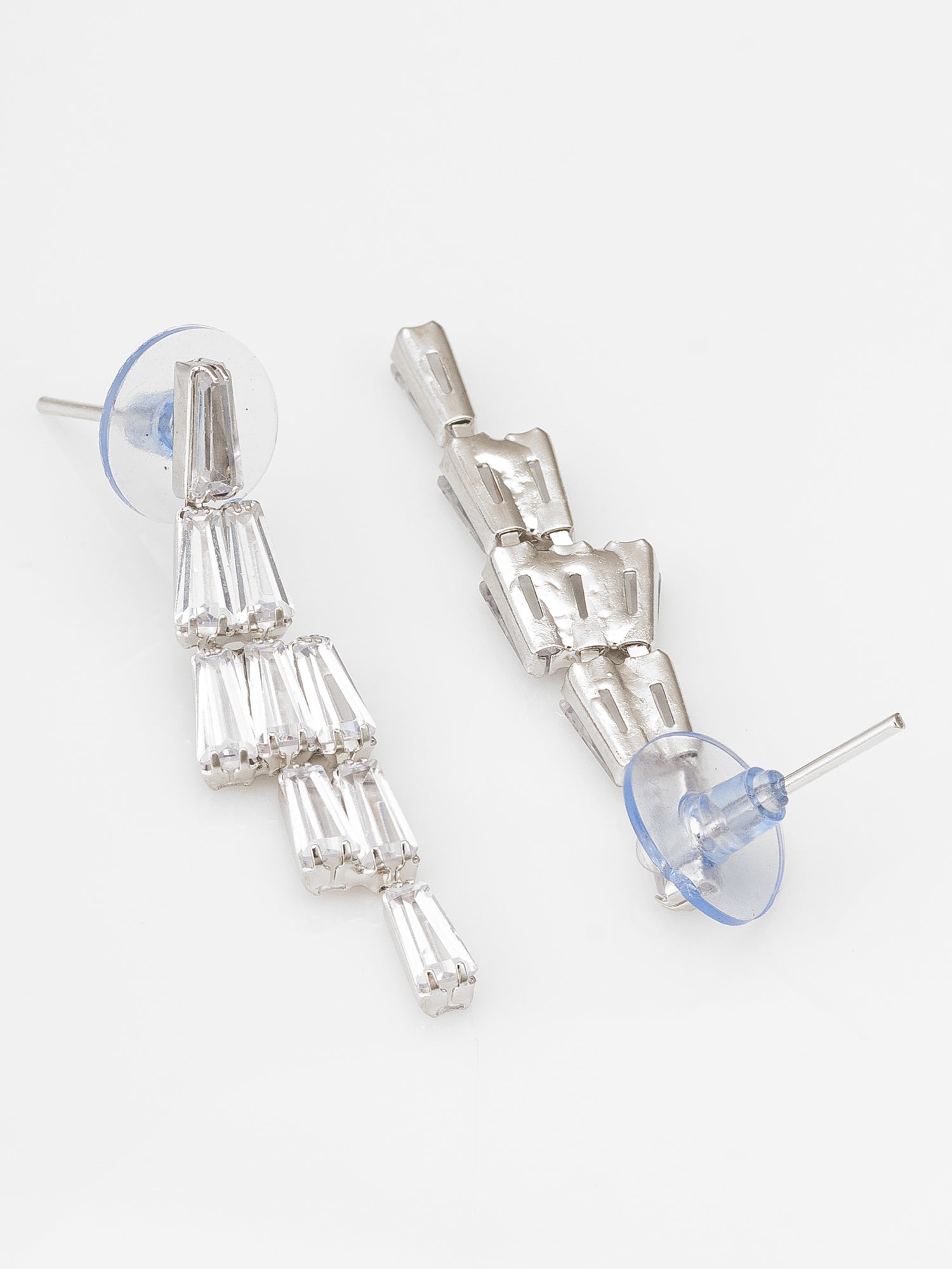 Aadita Silver Plated V-Shape Baguette Fringe AD Necklace Set