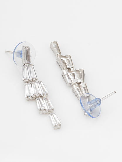 Aadita Silver Plated V-Shape Baguette Fringe AD Necklace Set